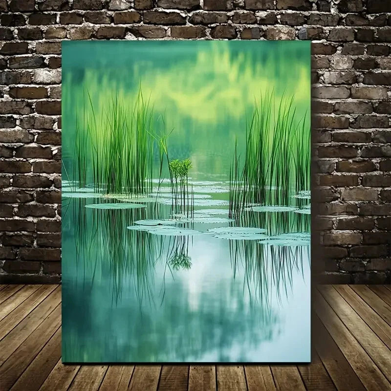 Emerald Green Water Meadow with Lush Grass 40x60cm Metal Print Ready to Hang - Bella Home Decor