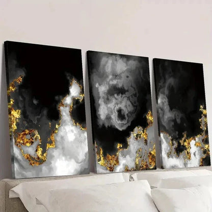 3pcs Black and Gold Abstract Space Clouds Wall Art Canvas Unframed - High Quality Print 100% Australian Made Wall Canvas - Bella Home Decor