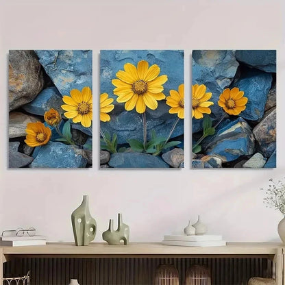 3pcs Yellow Brittlebush Flower Perfect Wall Art Set Canvas Framed 50x70cm - High Quality Print 100% Australian Made Wall Canvas Ready to Hang