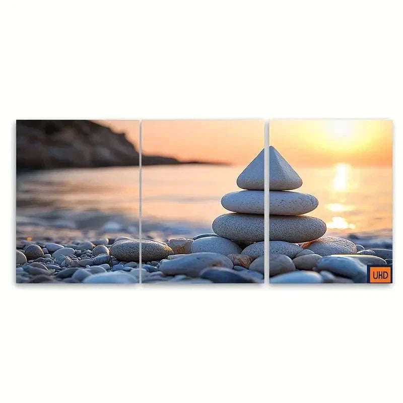 3pcs Pebble Pyramid on Shore Zen T   Wall Art Set Canvas Framed 40x60cm - High Quality Print 100% Australian Made Wall Canvas Ready to Hang