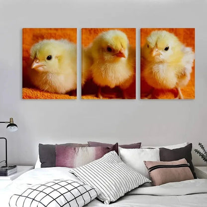 3pcs Yellow Baby Chicks on an Orange Towel    Wall Art Set Canvas Framed 50x70cm - High Quality Print 100% Australian Made Wall Canvas Ready to Hang