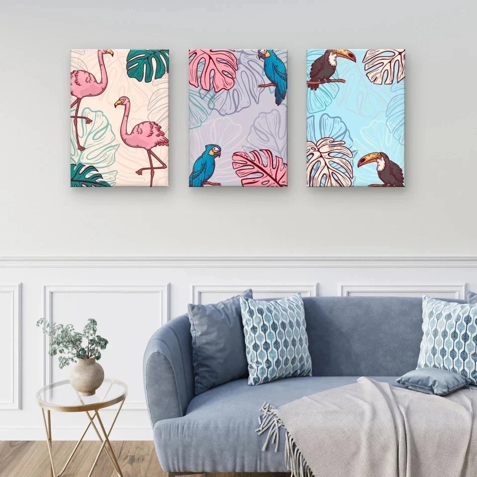 3pcs Tropical Birds and Jungle Leaves Kids Wall Art Set Canvas Framed 60x90cm - High Quality Print 100% Australian Made Wall Canvas Ready to Hang