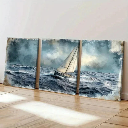 3pcs Sailing Boat Stormy Sea & Dark Clouds Wall Art Set Canvas Framed 50x70cm - High Quality Print 100% Australian Made Wall Canvas Ready to Hang - Bella Home Decor