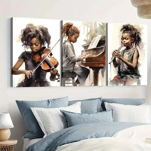 3pcs Black African American Girl Musical Instruments Wall Art Set Canvas Unframed - High Quality Print 100% Australian Made Wall Canvas - Bella Home Decor