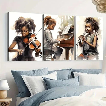 3pcs Black African American Girl Musical Instruments Wall Art Set Canvas Unframed - High Quality Print 100% Australian Made Wall Canvas - Bella Home Decor