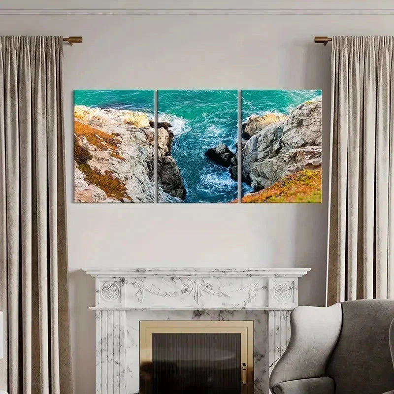 3pcs Sea Waves Coastline Rocks Modern Wall Art Set Canvas Framed 60x90cm - High Quality Print 100% Australian Made Wall Canvas Ready to Hang