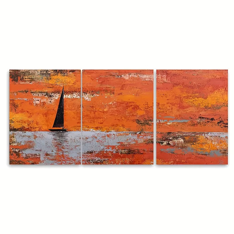 3pcs Abstract Sunset Boat Painting Wall Art Set Canvas Framed 50x70cm - High Quality Print 100% Australian Made Wall Canvas Ready to Hang - Bella Home Decor