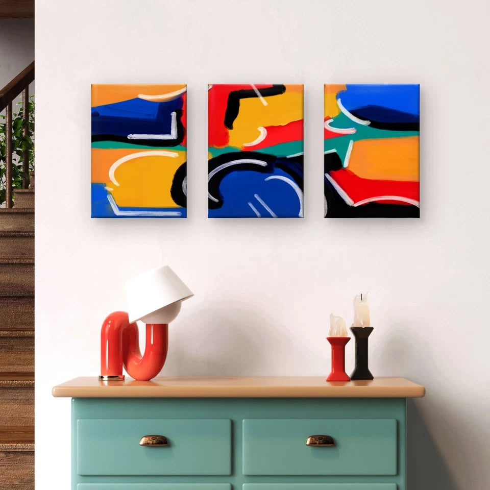 3pcs Abstract Colour Geometric Shapes Wall Art Set Canvas Framed 50x70cm - High Quality Print 100% Australian Made Wall Canvas Ready to Hang