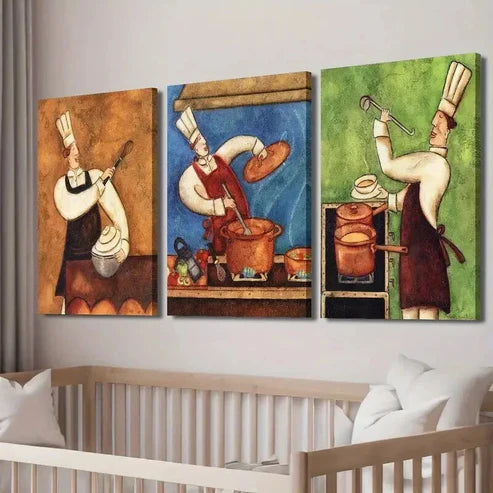 3pcs Vibrant Retro Chef Cooking-Themed Wall Art Canvas Unframed - High Quality Print 100% Australian Made Wall Canvas