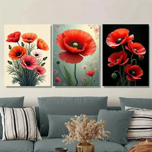 3pcs Vibrant Red Poppy Flower Red Wall Art Set Canvas Unframed - High Quality Print 100% Australian Made Wall Canvas