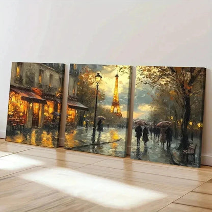 3pcs Parisian Rain Eiffel Tower Cozy Streetscape Wall Art Set Canvas Framed 60x90cm - High Quality Print 100% Australian Made Wall Canvas Ready to Hang - Bella Home Decor