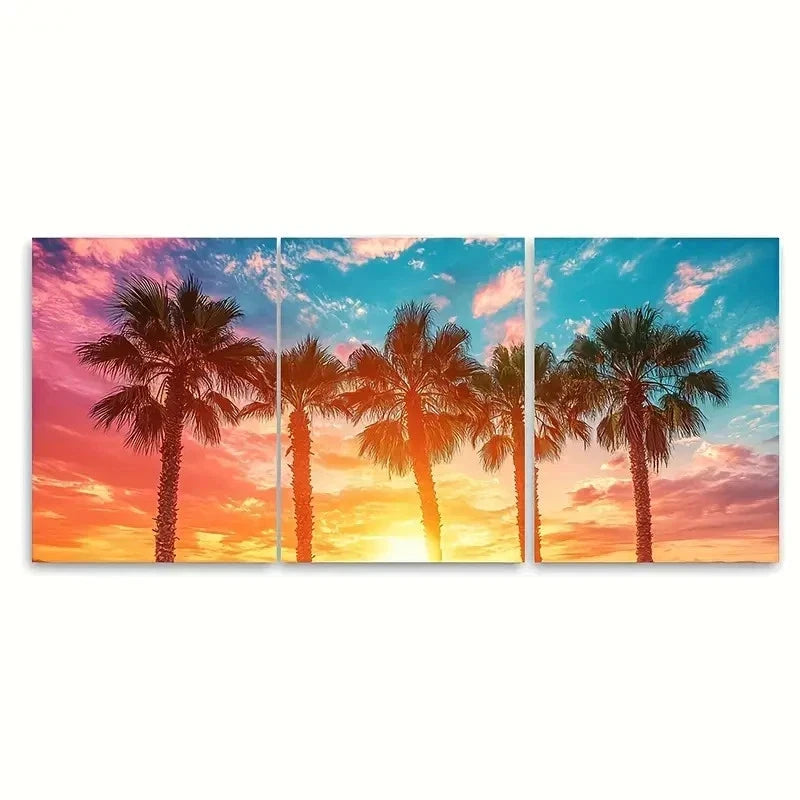 3pcs Palm Trees Under Colorful Sky TY  Wall Art Set Canvas Framed 50x70cm - High Quality Print 100% Australian Made Wall Canvas Ready to Hang - Bella Home Decor