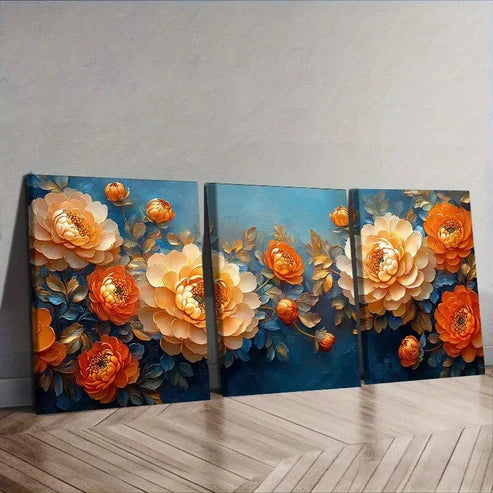3 PCS Golden Chrysanthemums Floral Nature Wall Art Set Canvas Unframed - High Quality Print 100% Australian Made Wall Canvas