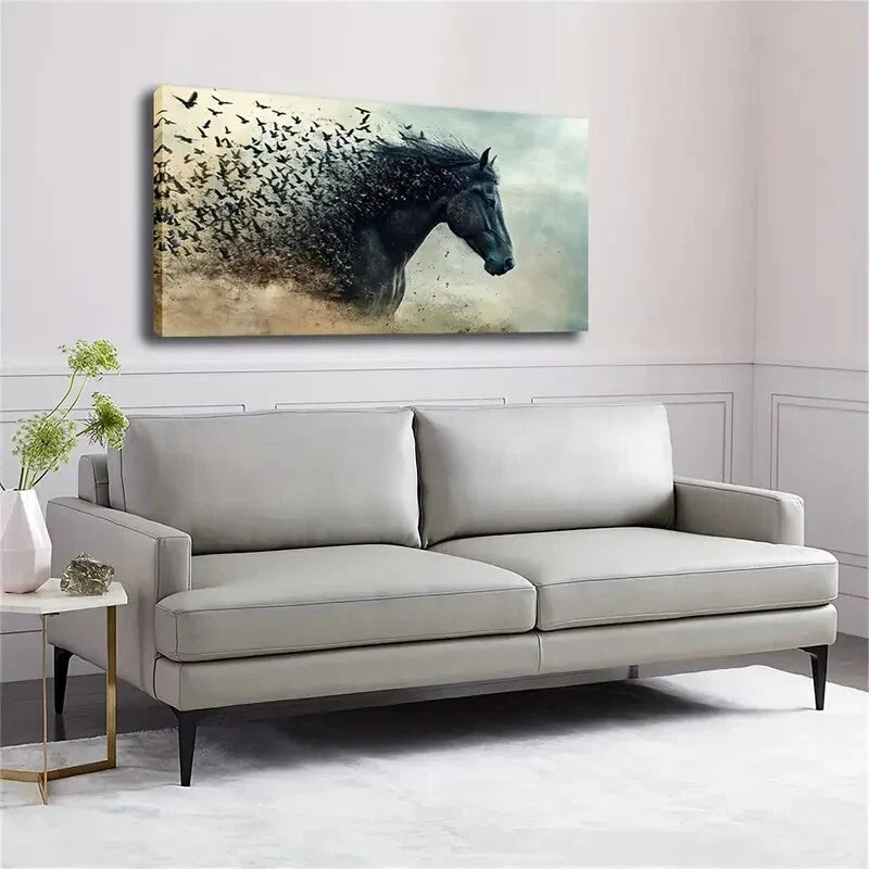 Majestic Horse Bird Feather Wall Art Canvas Office Home Room Framed 120x60cm - Bella Home Decor