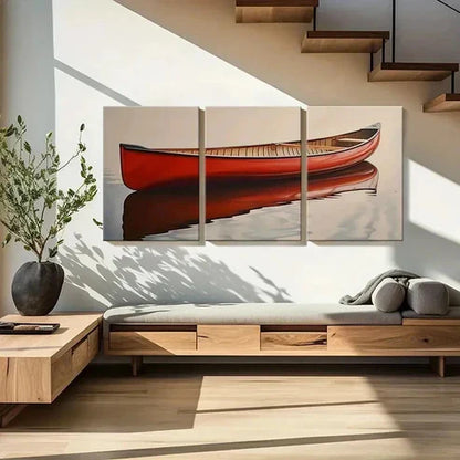 3pcs Red Canoe & Serene Water Reflection Wall Art Set Canvas Unframed - High Quality Print 100% Australian Made Wall Canvas