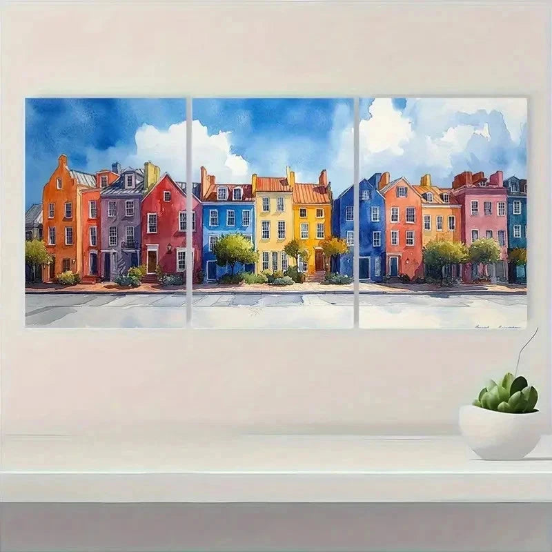 3pcs Rainbow Row Watercolor Charleston Perfect Wall Art Set Canvas Framed 50x70cm - High Quality Print 100% Australian Made Wall Canvas Ready to Hang