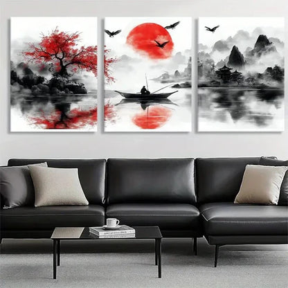 3pcs Red Sun Over River & Mountains Wall Art Canvas Unframed - High Quality Print 100% Australian Made Wall Canvas