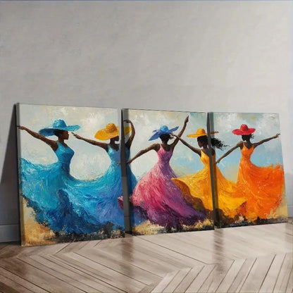 3pcs Elegant Dancers in Vibrant Hats Wall Art Set Canvas Framed 40x60cm - High Quality Print 100% Australian Made Wall Canvas Ready to Hang