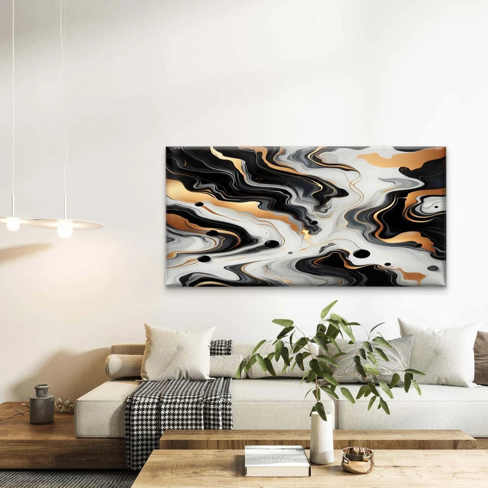 Abstract Black White Gold Swirl Wall Art Canvas Office Home Room Framed 120x60cm - Bella Home Decor