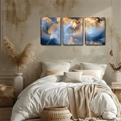 3pcs Triptych with Golden & Blue Swirls Perfect Wall Art Set Canvas Framed 40x60cm - High Quality Print 100% Australian Made Wall Canvas Ready to Hang