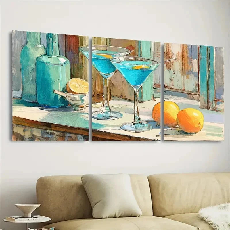 3pcs Martini Vintage Bar Cart Cocktail Retro Wall Art Set Canvas Framed 50x70cm - High Quality Print 100% Australian Made Wall Canvas Ready to Hang