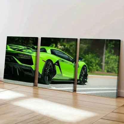 3pcs Green Sports Car & Super Car Themed Wall Art Set Canvas Framed 60x90cm - High Quality Print 100% Australian Made Wall Canvas Ready to Hang