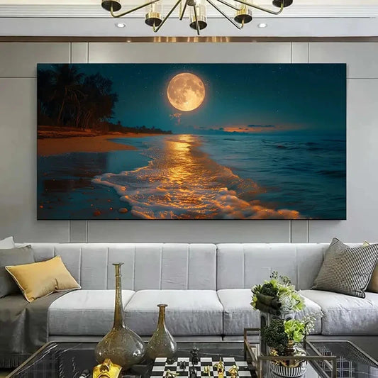 Moon on Beach Natural Night Wall Art Canvas Office Home Room Framed 120x60cm