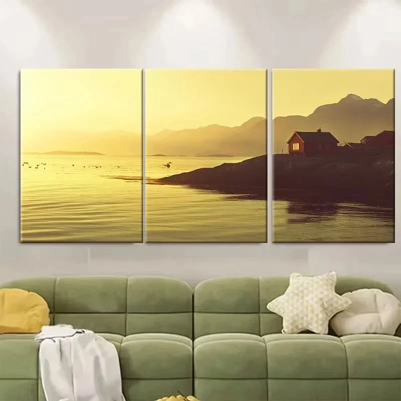 3pcs Sun over the Norwegian Coast Wall Art Set Canvas Framed 60x90cm – High Quality Print 100% Australian Made Wall Canvas Ready to Hang