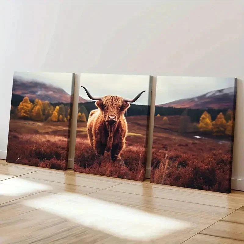 3pcs Animal Plateau Highland Cattle Wall Art Set Canvas Framed 60x90cm - High Quality Print 100% Australian Made Wall Canvas Ready to Hang - Bella Home Decor
