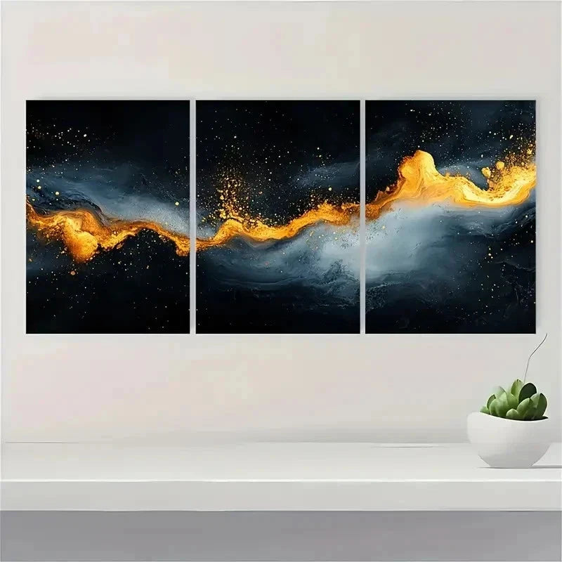 3pcs Black Abstract Painting Golden Art W    Wall Art Set Canvas Framed 60x90cm - High Quality Print 100% Australian Made Wall Canvas Ready to Hang - Bella Home Decor