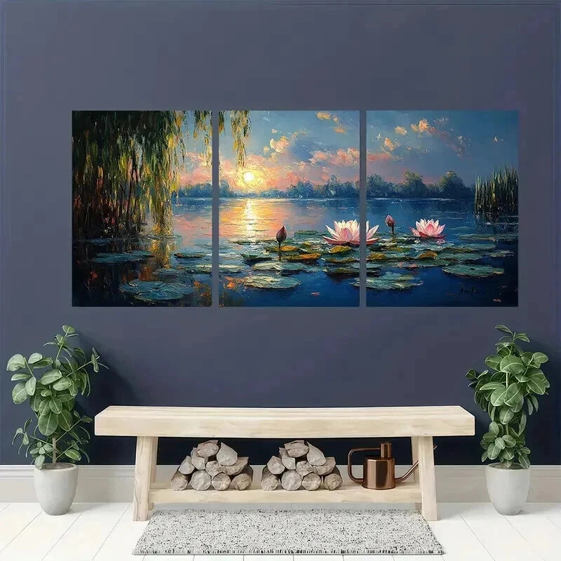 3pcs Abstract Monet Sleeping for Lotus Pond Wall Art Set Canvas Framed 50x70cm - High Quality Print 100% Australian Made Wall Canvas Ready to Hang - Bella Home Decor