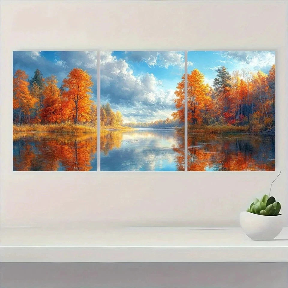 3pcs Vibrant Autumn Colorful Tree River Wall Art Set Canvas Framed 60x90cm - High Quality Print 100% Australian Made Wall Canvas Ready to Hang - Bella Home Decor