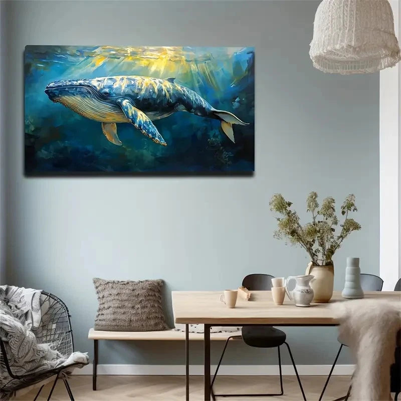 Vibrant Blue Whale Colorful Wall Art Canvas Office Home Room Framed 120x60cm