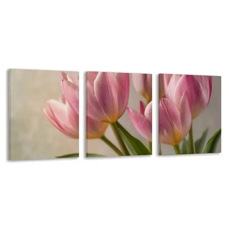 3pcs A Bouquet of Delicate Pink Tulips Flower Wall Art Set Canvas Framed 60x90cm - High Quality Print 100% Australian Made Wall Canvas Ready to Hang - Bella Home Decor