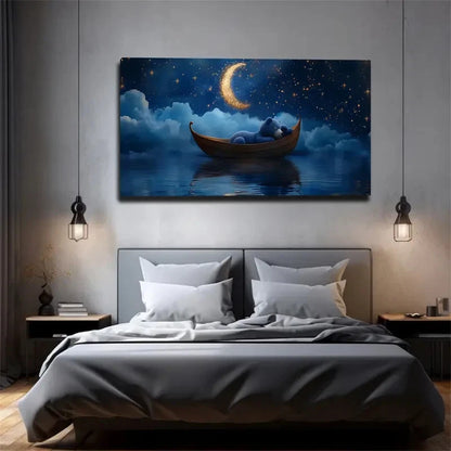 Blue Bear On Boat Under Starry Wall Art Canvas Office Home Room Framed 120x60cm