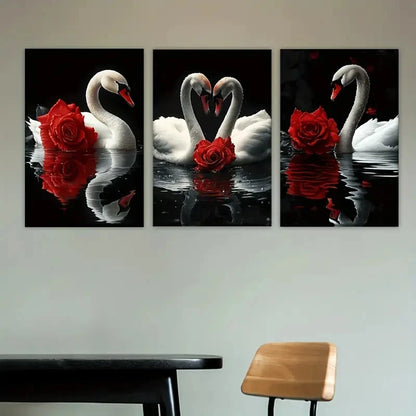 3pcs three white swans with red roses Wall Art Set Canvas Framed 40x60cm - High Quality Print 100% Australian Made Wall Canvas Ready to Hang - Bella Home Decor
