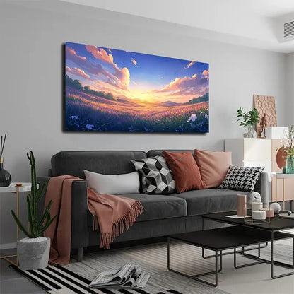Vibrant Sunset and Flower Field Wall Art Canvas Office Home Room Framed 120x60cm - Bella Home Decor