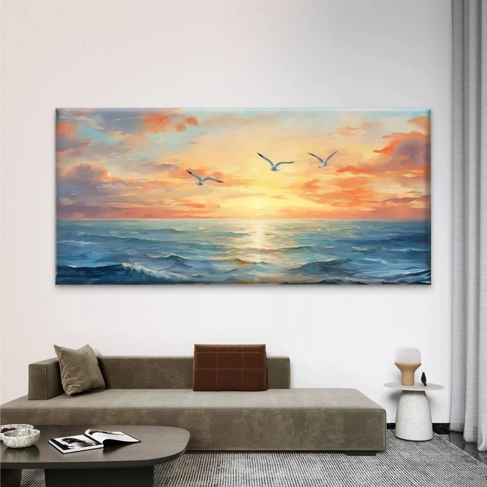 Seagulls Painting Wall Art Canvas Office Home Room Framed 120x60cm