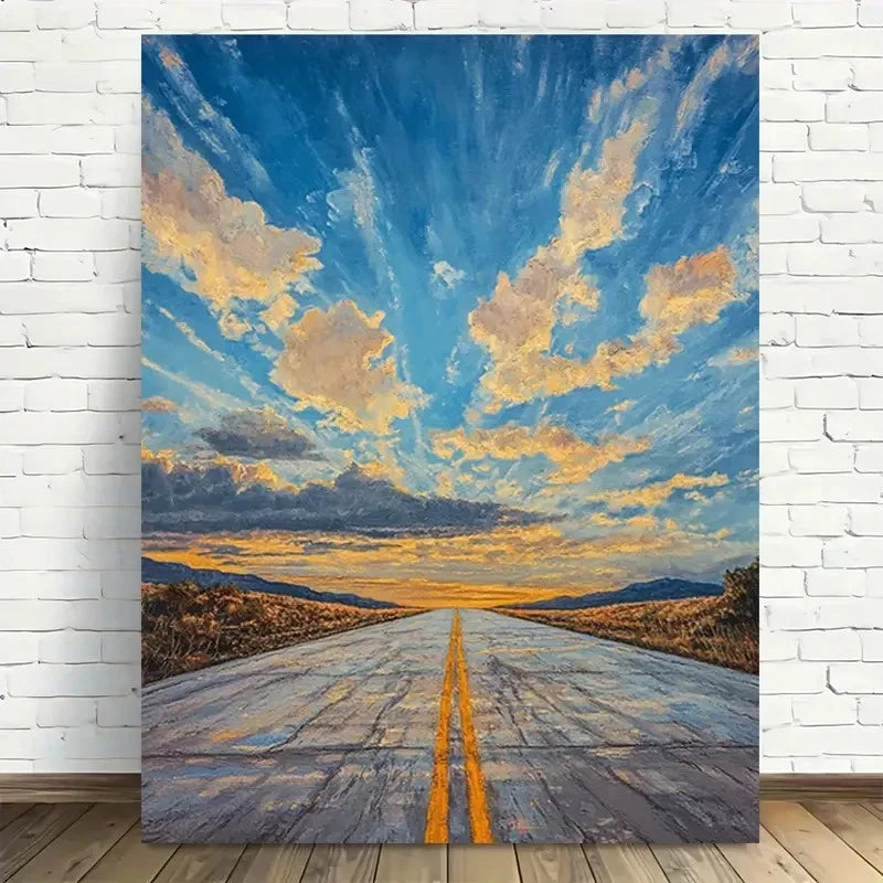 Beautiful Modern Vintage Road Sunset Painting 40x60cm Metal Print Ready to Hang