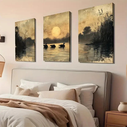3pcs Pond Antique Classic Nature Décor Perfect Wall Art Set Canvas Framed 40x60cm - High Quality Print 100% Australian Made Wall Canvas Ready to Hang - Bella Home Decor