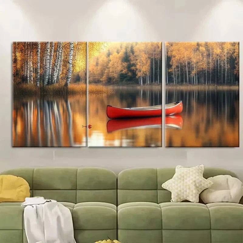 3pcs Golden Birch Leaves, Isolated Red Canoe Wall Art Set Canvas Framed 40x60cm - High Quality Print 100% Australian Made Wall Canvas Ready to Hang - Bella Home Decor