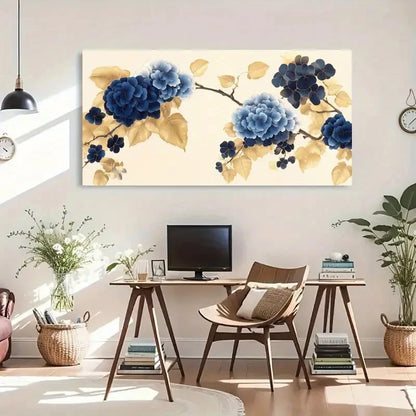 Blue Floral Leaves Luxury Wall Art Canvas Office Home Room Framed 120x60cm - Bella Home Decor