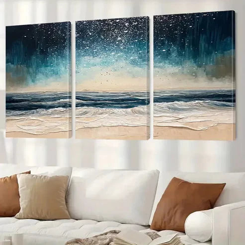 3pcs Abstract Night Beach Waves Classic  Canvas Unframed - High Quality Print 100% Australian Made Wall Canvas - Bella Home Decor