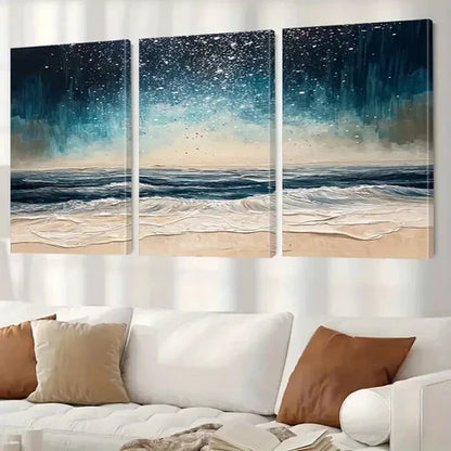 3pcs Abstract Night Beach Waves Classic  Canvas Unframed - High Quality Print 100% Australian Made Wall Canvas - Bella Home Decor