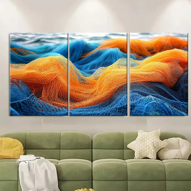 3pcs Fishing Nets Blue Orange Metal Print Ready to Hang Art