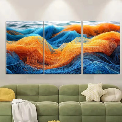 3pcs Fishing Nets Blue Orange Metal Print Ready to Hang Art
