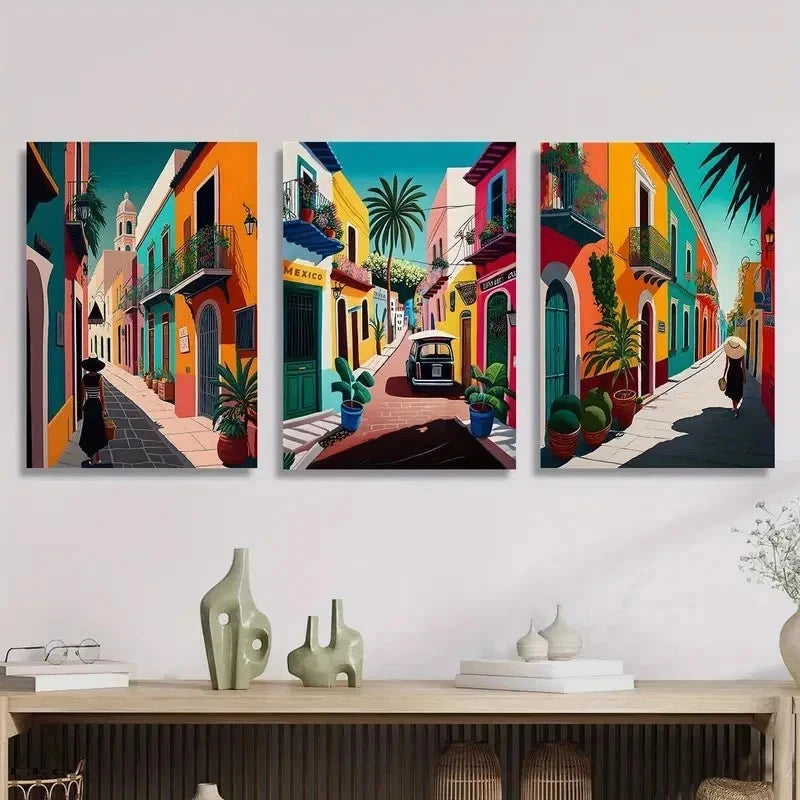 3pcs Colorful Retro Mexican Street Mural Perfect Wall Art Set Canvas Framed 40x60cm - High Quality Print 100% Australian Made Wall Canvas Ready to Hang - Bella Home Decor