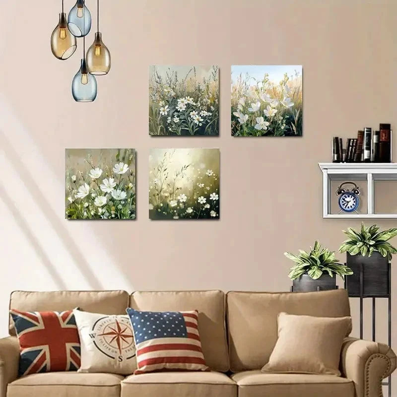 4pcs Green White Floral Picture Wall Art Canvas Framed