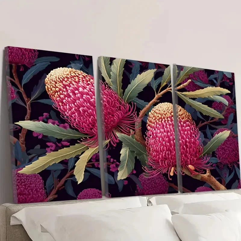 3pcs Banksia Australian Wild flower Wall Art Set Canvas Framed 50x70cm - High Quality Print 100% Australian Made Wall Canvas Ready to Hang - Bella Home Decor