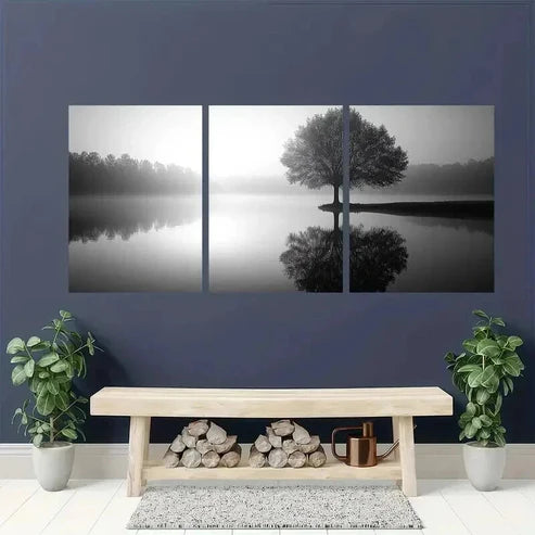 3pcs Black And White Tree Silhouette & Lake Wall Art Canvas Unframed - High Quality Print 100% Australian Made Wall Canvas - Bella Home Decor